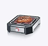 Severin PG 8545 Barbacoa Grill 500 °C, 2 niveles de temperatura, tecnología de calentamiento doble, parrilla de 23 x 25,5 cm, cable XL de 2 m, potencia de 2300 W, negro/acero, acero inoxidable cepillado