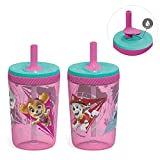 Zak Designs Paw Patrol Kelso Juego de vasos con tapa de rosca con pajita, hecho de plástico duradero y silicona, perfecto para niños (Skye & Everest, 15 oz, sin BPA, juego de 2 piezas)