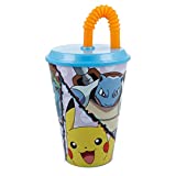 Vaso Deportivo con Pajita y Tapa 430 ml para Niños en plástico libre de BPA (Pokemon Pikachu)