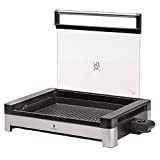 WMF Lono - Barbacoa eléctrica de mesa con tapa de cristal, placa revestida, 2200 Watt, acero inoxidable mate