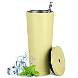 Taza aislada de acero inoxidable de 750 ml / 25 oz, taza de café de doble pared aislada al vacío de viaje con pajita y tapa para hielo o bebidas calientes (gris 1, 750 ml)