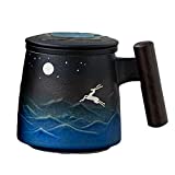 WXYU Taza de cerámica Ciervo Luz de Luna, Vasos de Arte Hechos a Mano y Tapa con Mango de Madera, Taza de café, Taza Divertida Taza de Té de Leche para Regalo de Negocios Set-A (A)