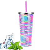 Vasos de acrílico coloridos de 24 oz / 710 ml, vaso de viaje de acrílico con tapa y pajita, taza de viaje de plástico reutilizable de doble pared taza de café con hielo (005)