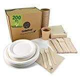 Vajilla desechable de 200 piezas para 25 comensales.  Vajilla ecológica hecha de caña de azúcar.  Incluye 50 platos, 75 cubiertos de madera, 25 vasos de papel kraft y 50 servilletas.