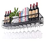 CAIMEI Estante de pared de barra de metal con hierro de techo para almacenamiento de vino de hierro de techo para colgar botellas de vino y copas portavasos soporte para marco de vino - negro