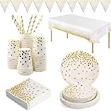 Yidaxing Vajilla de fiesta blanca y dorada, juego biodegradable, platos de papel de oro blanco, servilletas, pajitas, mantel, pancarta para despedida de soltera, compromiso, boda, nacimiento, cumpleaños (24 invitados)