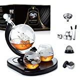 Decantador de whisky, juego de jarra de vino Globe con 2 vasos, perlas de limpieza, 4 cubitos de hielo y pinzas de acero inoxidable, dispensador de bebidas, licores, whisky escocés, bourbon, caja de regalo (850 ml)