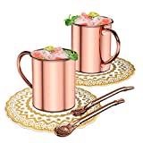GuKKK Copa de mula de Moscú de cobre puro, 2 piezas Copas de cóctel de cobre de 480 ml, Copas de mango ancho de acero inoxidable, con 2 pajitas, 2 posavasos, para el hogar, bar, regalo de fiesta