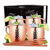 Vasos Vezato Moscow Mule [500ml] - Vasos de cobre martillado con pajitas - Juego de Moscow Mule hecho a mano [4 piezas] - Vasos de acero inoxidable para Moscow Mule