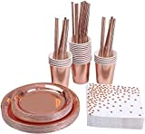 KAHEIGN 146 piezas de vajilla de oro rosa, platos desechables de papel de aluminio, servilletas, vasos, pajitas para bodas, aniversarios, cumpleaños para 24 invitados