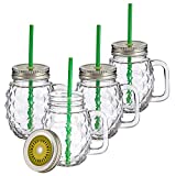 MamboCat Set de 4 vasos Sole con asa, tapa y pajita, color verde, 480 ml, vasos de cristal para batidos, cócteles, Ice-Tea & Co I Vivalto vasos con asa de rosca