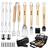 Ga HOMEFAVOR Juego de herramientas para barbacoa de 23 piezas Juego de herramientas para barbacoa de acero inoxidable Cubiertos con mango de madera Juego para barbacoa, Kit de accesorios para barbacoa