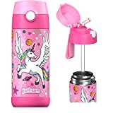 Botella para niños JARLSON® de acero inoxidable, botella térmica, sin BPA, botella de agua con pajita, termo 350 ml (Unicornio 2, 350)