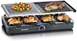 Severin RG 2371, parrilla raclette con piedra natural, placa reversible lisa y rayada, regulador de temperatura continuo, 8 sartenes antiadherentes, 1300 W, superficie de cocción 46 x 23 cm