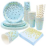 80 Piezas Vajilla para Fiestas y Cumpleaños Infantiles, 20 Invitados Vajilla de Papel Desechable Azul con Lunares, Platos Servilletas Vasos Pajitas para Bautismo, Comunión, Aniversario, Bodas