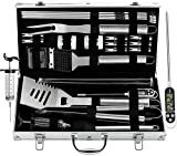 Grilljoy - Accesorios para barbacoa de 25 piezas - Herramientas para barbacoa de acero inoxidable con caja de regalo de aluminio - Juego completo de herramientas para barbacoa
