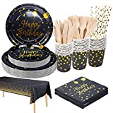 Vajilla negra y dorada de 25 invitados, vajilla de fiesta, vasos de papel, platos de fiesta, cumpleaños, aniversario de bodas, graduación, platos de fiesta de Halloween