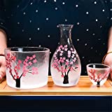 GPWDSN Juego de 4 botes de sake y botes de vino de vidrio pintados a mano con flor de cerezo y 2 tazas de vidrio para licores, vodka, tazas de vino, regalos (A)