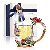 Diglife - Taza de té de vidrio esmaltado, diseño floral, sin plomo, con cuchara de acero, paño de limpieza y caja de regalo, día de la madre, aniversario (rosa roja de 350 ml)