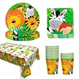 Nesloonp Vajilla de fiesta de cumpleaños 53 piezas Animales de la selva Decoración de cumpleaños Animales del bosque Vajilla Suministros Vajilla Papel Fiesta de la selva Platos Tazas Mantel