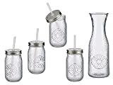 Set garrafa cristal 1 litro y 4 tarros con tapa rosca pajita 40 cl sin bpa