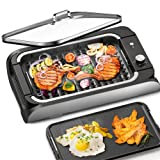 Parrilla eléctrica Parrilla eléctrica de sobremesa, Parrilla eléctrica sin humo con placas antiadherentes extraíbles, Tapa de vidrio templado, 1400W, Negro