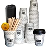 100 tazas de café desechables de 200 ml (7 Oz) tapas y vasos de cartón para servir café, té, agua, bebidas frías y calientes.  Taza de café desechable