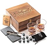 Amerigo Whisky Stones Juego de regalo de 2 vasos de whisky - Regalo para hombres - Regalos para él - Ideas de regalo para papá - Juego de 8 cubitos de hielo de granito reutilizables - Piedras de whisky - Juego de camarero