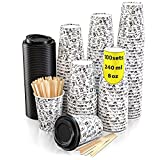 100 tazas de café de papel, taza de 8 onzas con tapa para hacer café con planchas de madera para hacer café, té, bebidas frías y calientes
