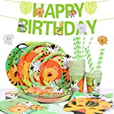 Kit de fiesta de cumpleaños de animales de la selva, decoraciones de mesa de fiesta MOOKLIN ROAM que incluyen servilletas, pancartas, platos, vasos, manteles, juego de fiesta de cumpleaños para niños para 16 invitados, 114 piezas