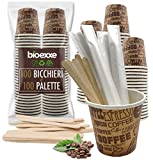 bioexxe® 100 piezas de tazas de café de papel espresso Tazas biodegradables de 75 ml + 100 piezas de cucharas de madera desechables (marrón y blanco con paleta)
