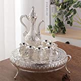 HLONGG Juego de vino ruso de metal vintage Juego de té europeo de lujo que incluye 1 tetera 1 bandeja y 6 mini tazas de té Decoración para el hogar Kit de regalo de boda Tarro de vino, Plata