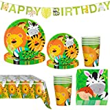Decoración de mesa de cumpleaños de animales de la selva de Amycute, incluyendo pancartas, platos, vasos, manteles, artículos de cumpleaños para niños