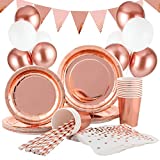 Hotelvs 145 PCS Vajilla de fiesta Decoraciones de oro rosa, Vajilla de fiesta Platos Servilletas Vasos Pajitas para fiesta, boda, aniversario, cumpleaños (16 invitados)