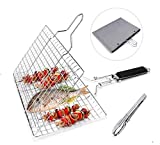 Cesta para asar pescado, parrilla de barbacoa plegable para pescado asado, verduras, filete de camarones, viene con 1 pinzas de cocina y estuche de almacenamiento, 32x22 cm