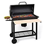 oneConcept Beefbutler: parrilla de carbón, parrilla de jardín, parrilla directa e indirecta, 2 estantes de madera, 4 aberturas de ventilación, contenedor extraíble, ruedas de carro, negro