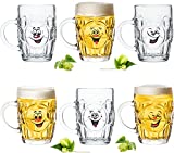 PLATINUX Vasos de cerveza de 0,5 l (máx. 700 ml) con asa y motivos divertidos, juego de 6, jarra de cerveza de cristal