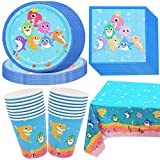Vajilla para fiestas temáticas Babioms, que incluye platos, vasos de papel, toallas de papel, manteles, juego de suministros para fiestas de tiburones - 16 personas