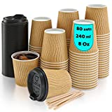 80 Vasos de Papel 240ml Doble Pared Kraft Ripple - Vaso con Tapa para Hacer Café con Sratrice de Madera para Hacer Café, Té, Bebidas Calientes