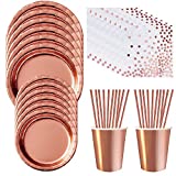 Kaimeilai Juego de vajilla de fiesta de oro rosa de 146 piezas, juego de vajilla de oro rosa, vasos de papel, hojas, platos de papel, toallas de papel, vajilla de fiesta de paja de papel, juegos grandes