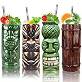 Juego de 4 vasos Tiki, accesorios para bar Tiki, tazas Tiki, vasos grandes de cerámica, copas de cóctel, vasos de fiesta Luau hawaiano, vasos, lindos exóticos para Tiki Bar