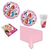 Kit de fiesta de cumpleaños Winx Club para 16 personas (32 platos, 16 vasos, 20 servilletas, 1 mantel) para fiestas de niñas