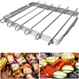 Brochetas de barbacoa de acero inoxidable, parrilla de kebab para barbacoa, parrilla de acero inoxidable reutilizable, accesorios para barbacoa, con soporte, 6 brochetas de barbacoa reutilizables con parrilla plegable para exteriores