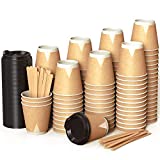 100 platos de vasos de papel kraft de 240 ml para hacer café de doble pared - taza para hacer café con tapa con planchas de madera para hacer café, té, bebidas calientes