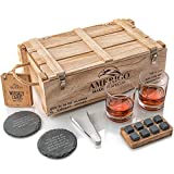Amerigo Whisky Stones Juego de regalo de 2 vasos de whisky - Regalo para hombres - Regalos para él - Ideas de regalo para papá - Juego de 8 cubitos de hielo de granito reutilizables - Piedras de whisky - Juego de camarero