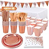 Platos y vasos de papel para fiestas, juego de platos desechables de oro rosa de 182 piezas, incluye platos de papel, servilletas, vasos de papel, tenedores, cuchillos, pajitas, pancarta, para bodas, cumpleaños (24 invitados)
