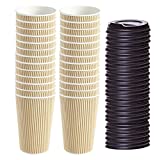 Max Solutions - Vasos desechables de papel kraft acanalado de tres capas con tapa negra, aislantes, 100% compostables para té, café, bebidas calientes (25.3 oz)