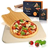Amazy Piedra refractaria para hornear pizza, incl.  Pala de bambú, papel de horno reutilizable y recetario - piedra para pizza con sabor italiano (38x30x1,5cm)