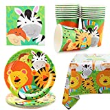 Herefun 53 suministros para fiestas de animales de la selva, vajilla de cumpleaños de animales, suministros para fiestas de cumpleaños, 16 platos, 16 tazas, 20 servilletas, 1 mantel