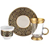 Juego de té turco (juego de 6) Vaso de té turco, vidrio de Paşabahçe, taza de mirra de 18 piezas, 22K (oro), juego de té vintage hecho a mano, utensilios de cocina (140 cc) (negro)